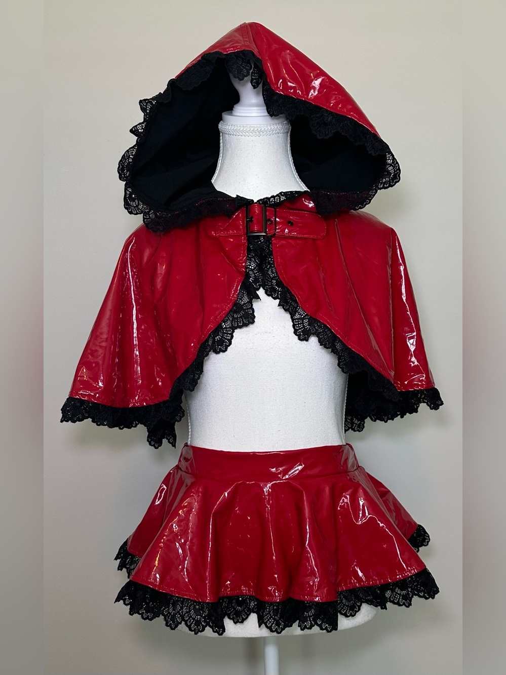 Dolls Kill Trickz N’ Treatz Red Vinyl Red Riding Hood Cape Skirt Set Goth Club S